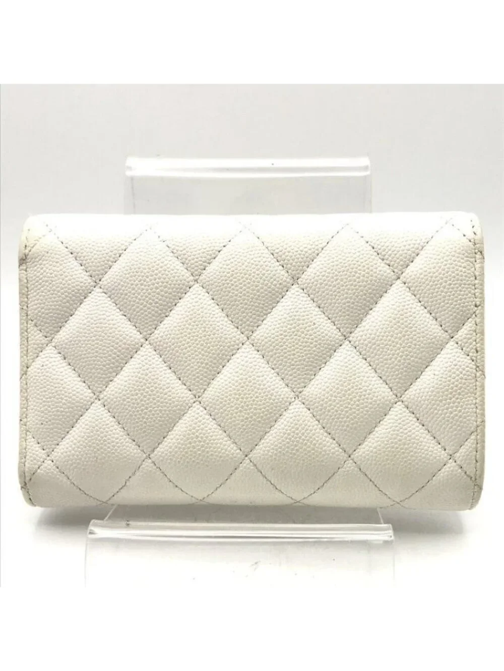 Chanel CC Logo Quilted Caviar Leather Trifold Wallet White Random